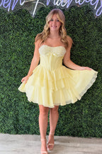 A Line Strapless Daffodil Tiered Chiffon Homecoming Dress with Beading JP082507