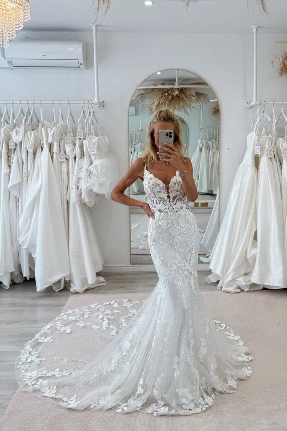 Sparkly Mermaid Lace Long Wedding Dresses with Appliques JP070921