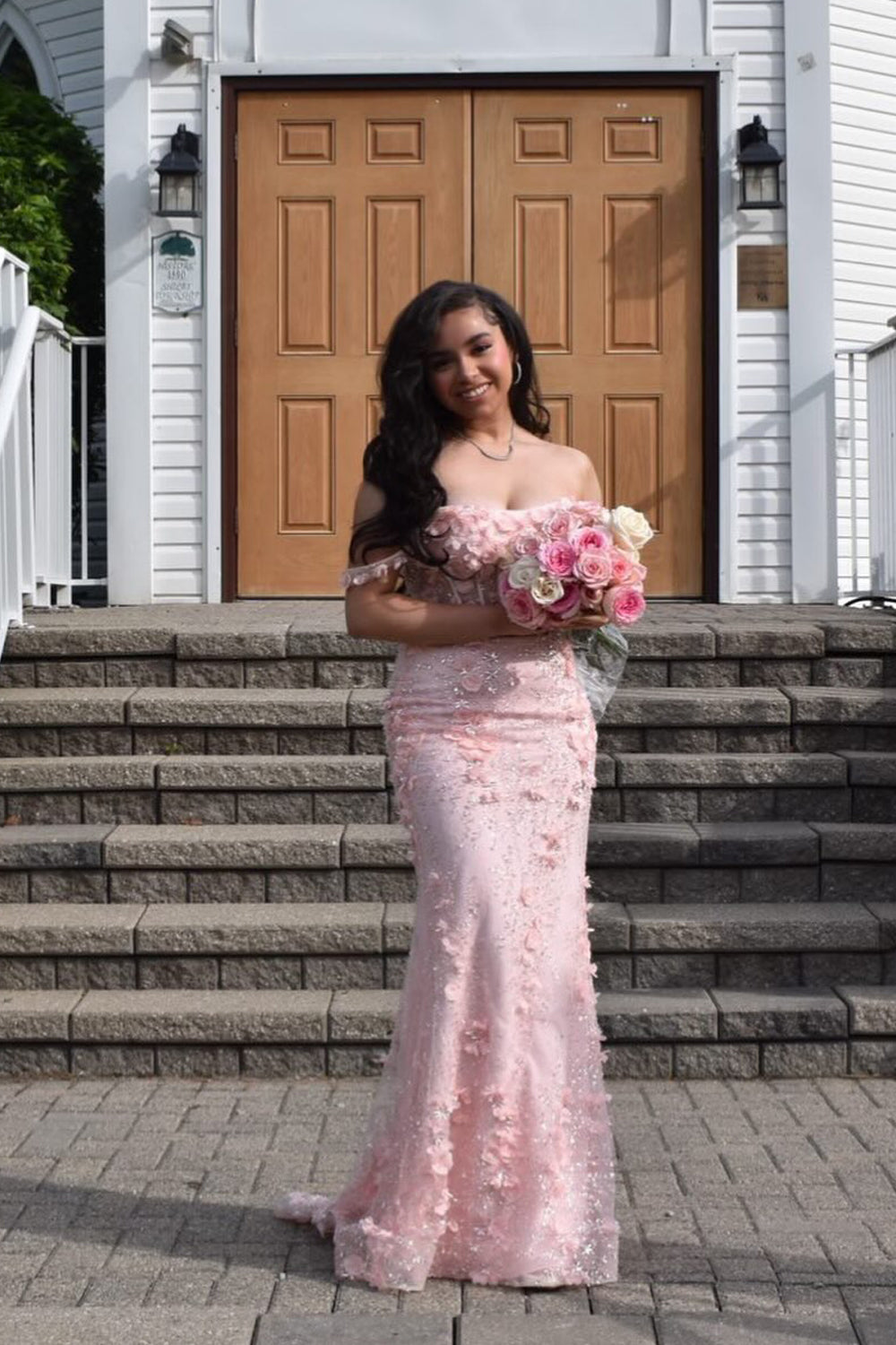 Mermaid Off the Shoulder Blush Pink Lace Prom Dress JP070707