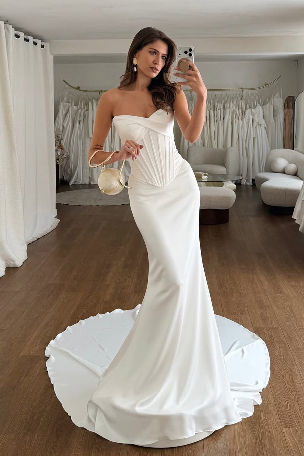 Elegant Mermaid Strapless Elastic Satin Long Wedding Dresses JP070916