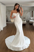 Elegant Mermaid Strapless Elastic Satin Long Wedding Dresses JP070916