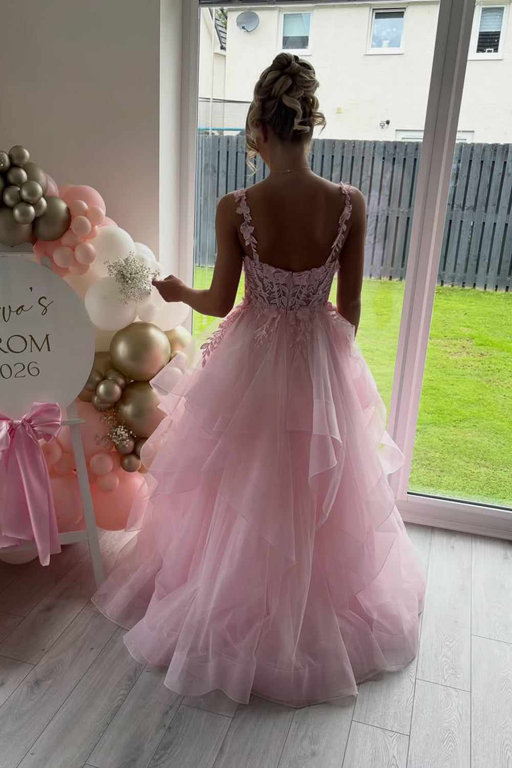 A Line Sweetheart Pink Tulle Prom Dress with Appliques JP070816