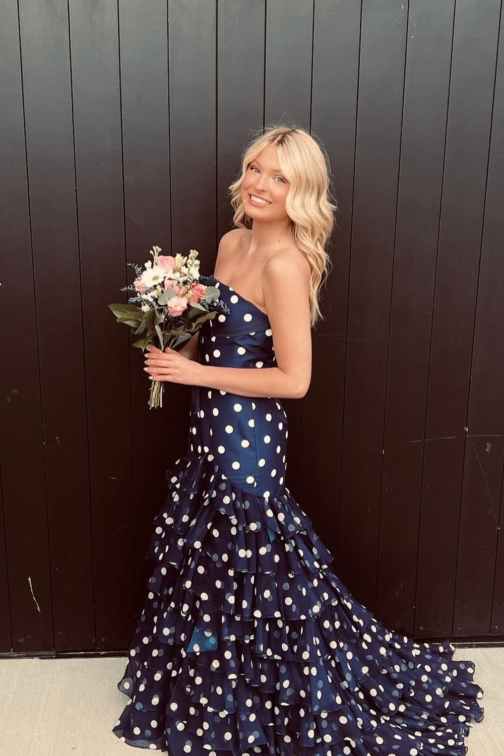 Sweet Mermaid Black Dot Chiffon Long Prom Dress JP070854