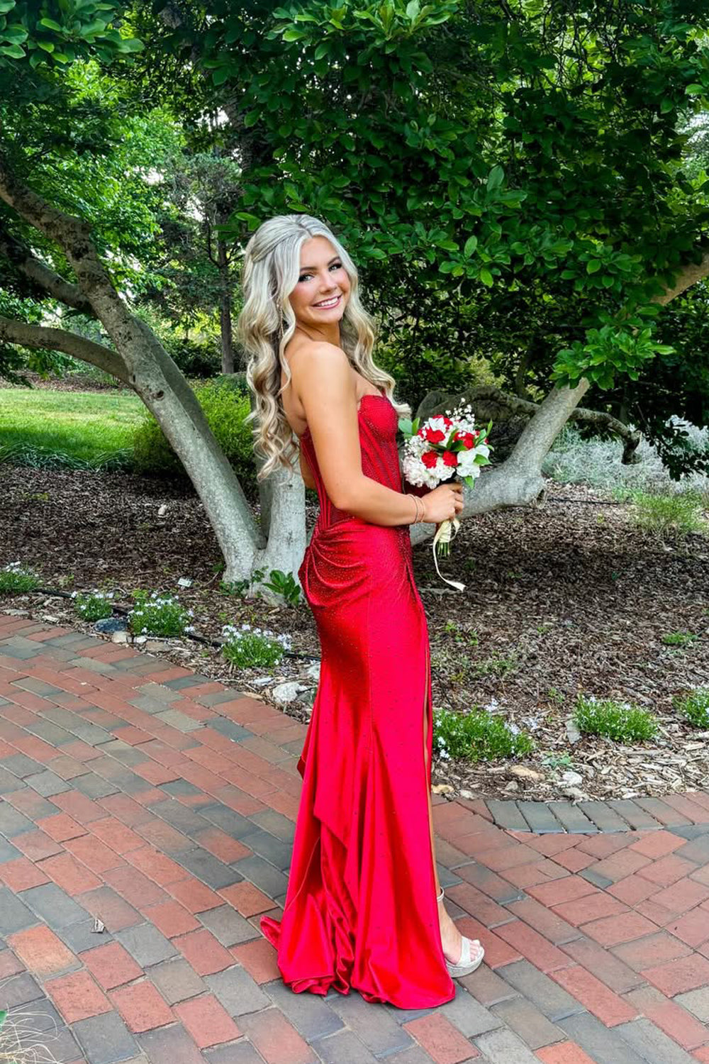 Sparkly Mermaid Strapless Red Hot Fix Satin Prom Dress JP070873