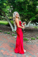 Sparkly Mermaid Strapless Red Hot Fix Satin Prom Dress JP070873