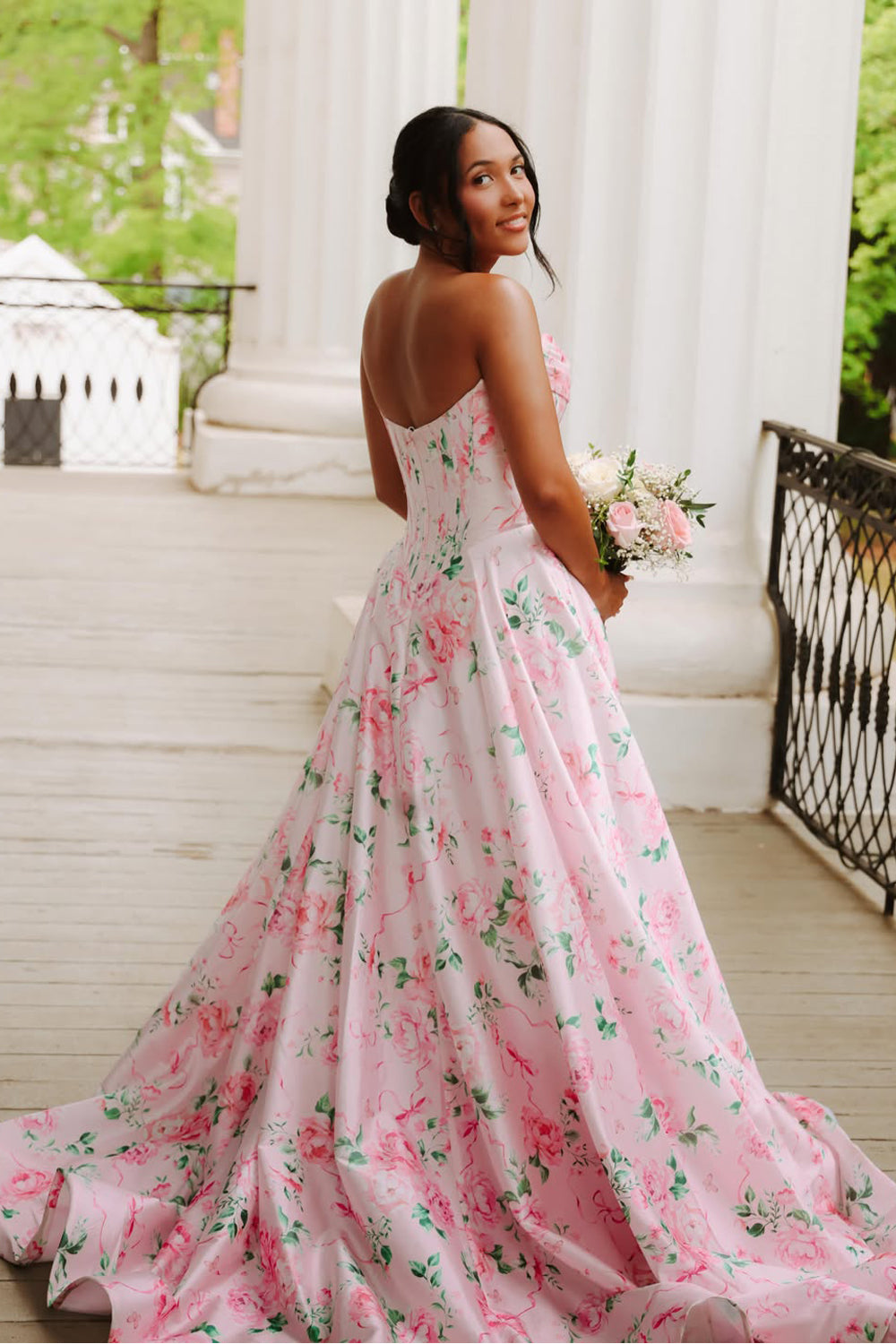 A Line Scoop Neck Floral Satin Long Prom Dress JP070830
