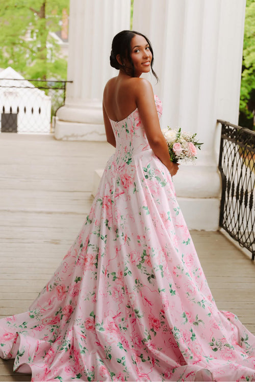 A Line Scoop Neck Floral Satin Long Prom Dress JP070830