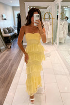 Sheath Strapless Daffodil Chiffon Long Prom Dress JP070824