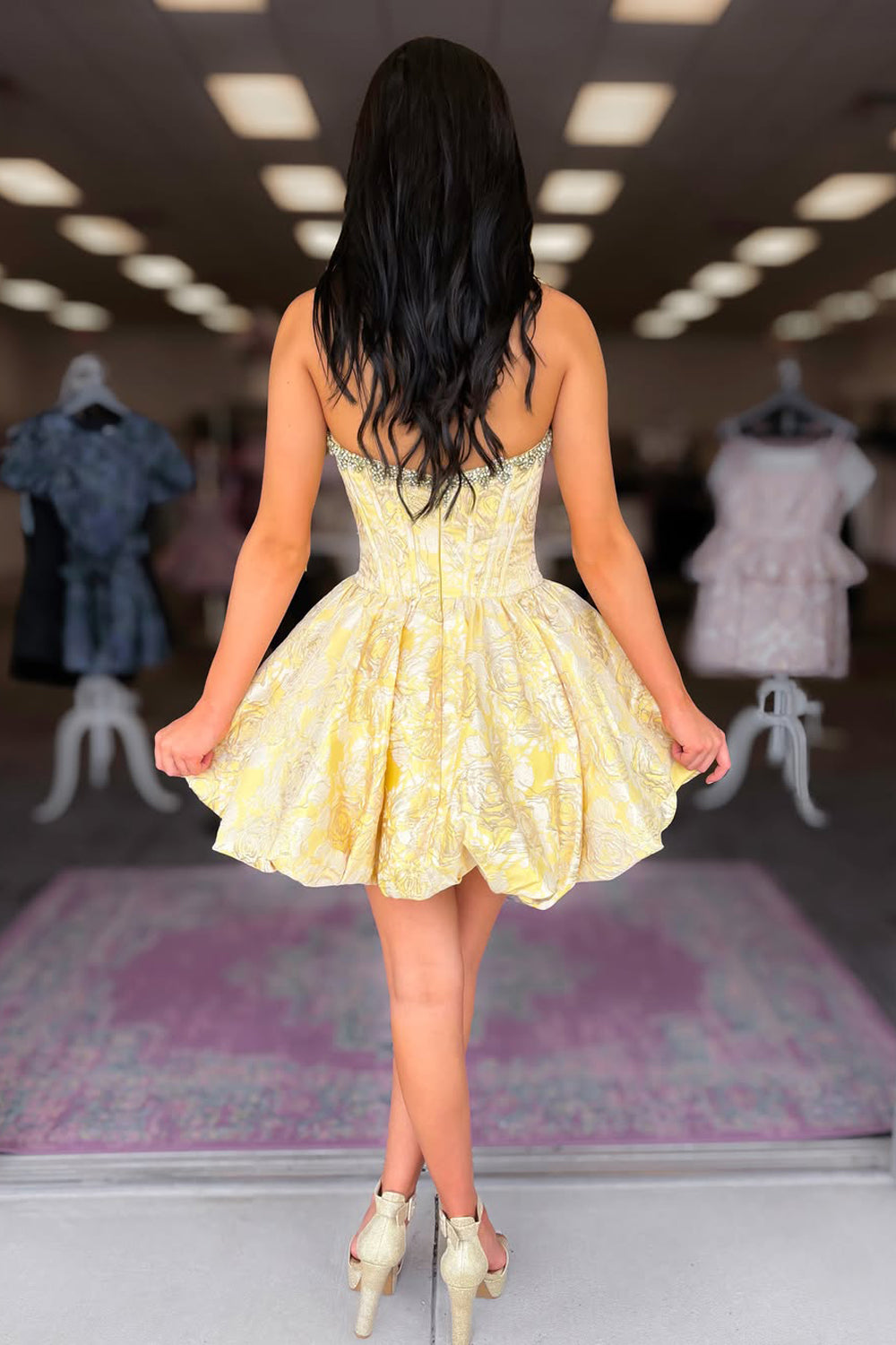 Yellow Jacquard Satin A Line Scoop Neck Homecoming Dresses with Beading JP062302