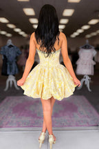 Yellow Jacquard Satin A Line Scoop Neck Homecoming Dresses with Beading JP062302