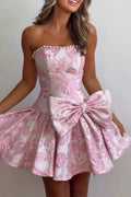 A Line Pink Jacquard Satin Strapless Homecoming Dresses with Bow JP062312