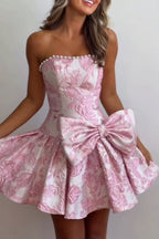A Line Pink Jacquard Satin Strapless Homecoming Dresses with Bow JP062312