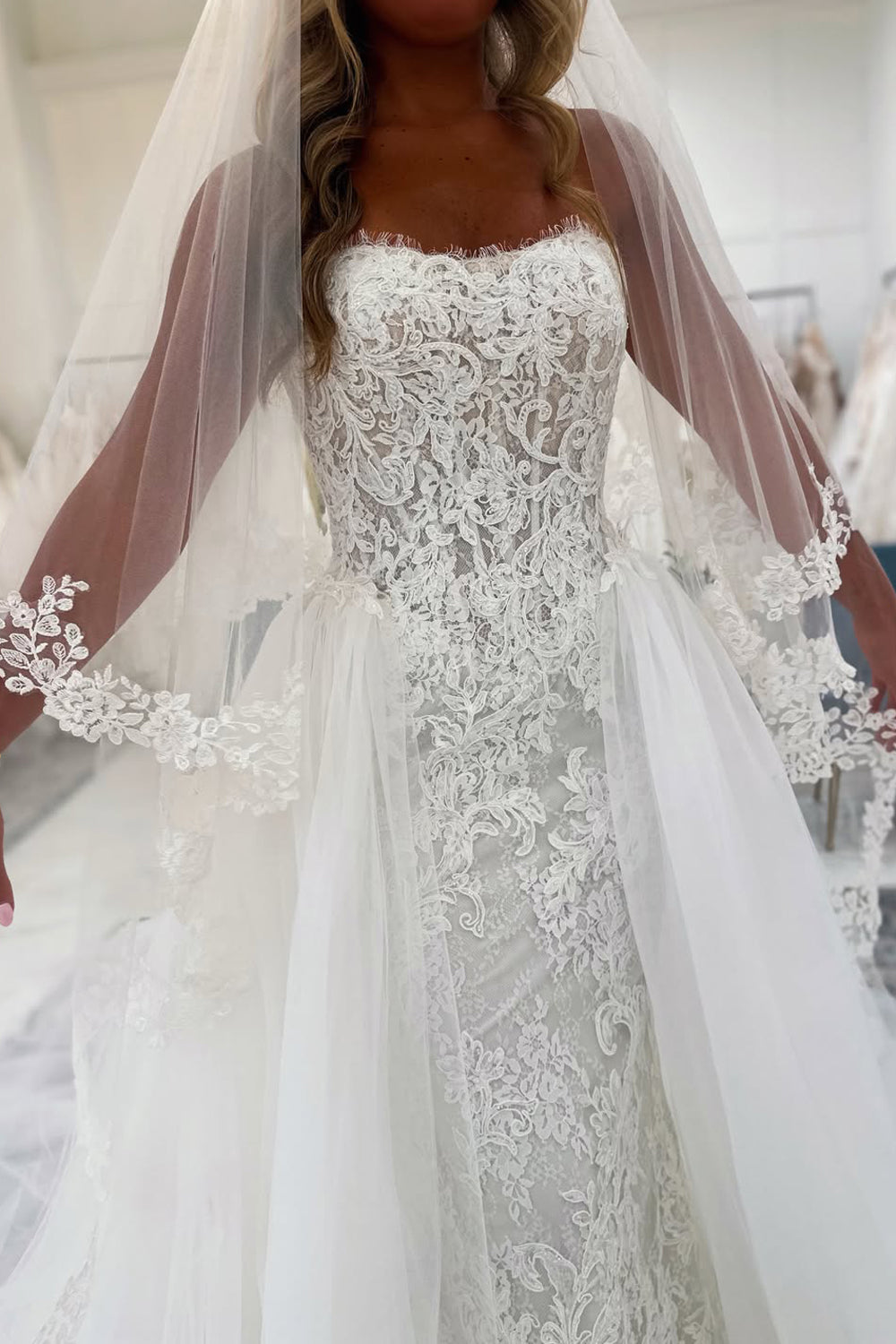 Lace Mermaid Strapless Long Wedding Dresses with Appliques JP070931