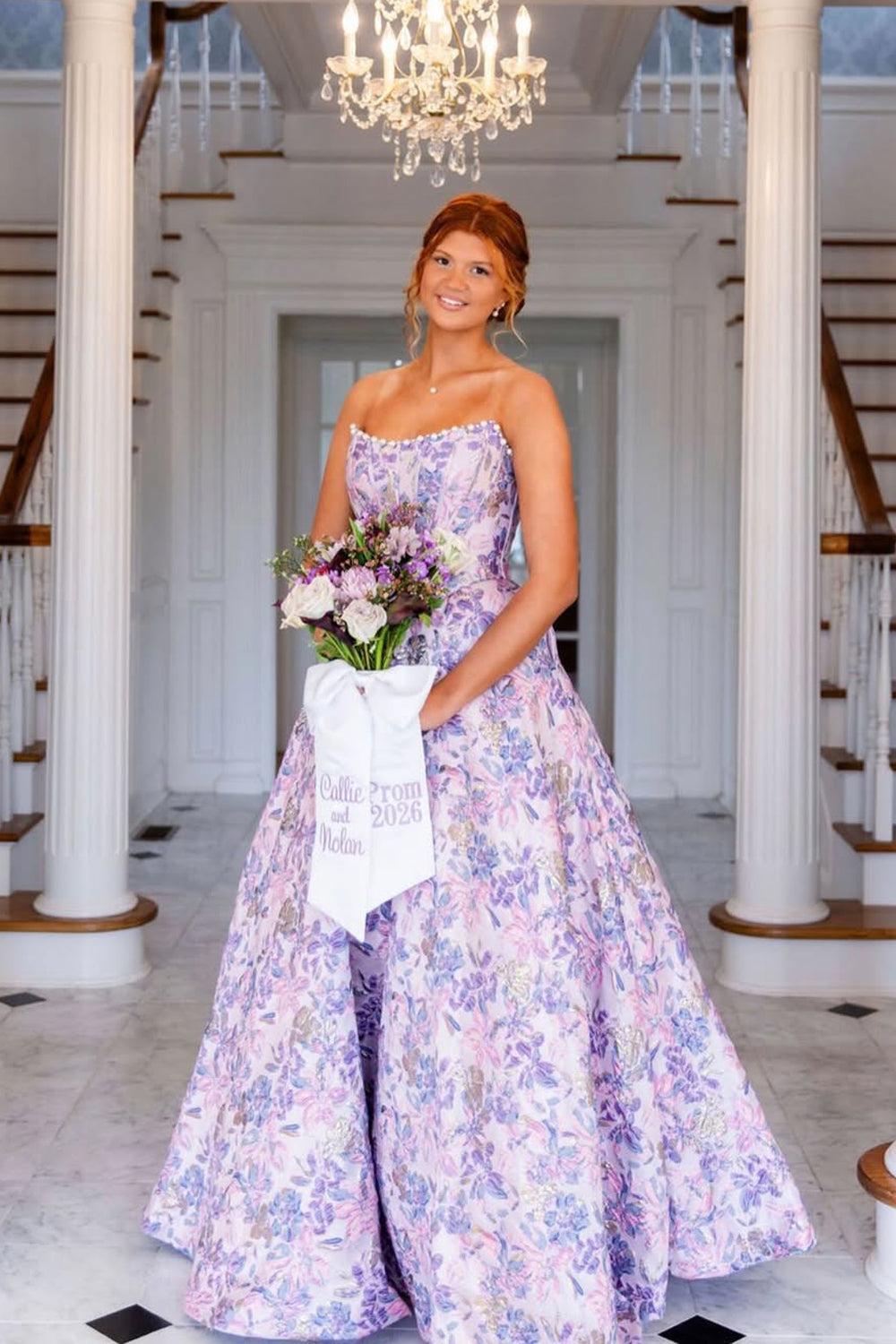 Lavender Jacquard Satin Prom Dress