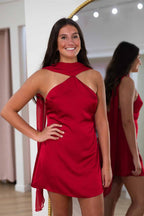 Sheath Hatler Red Satin Short Homecoming Dresses JP072501