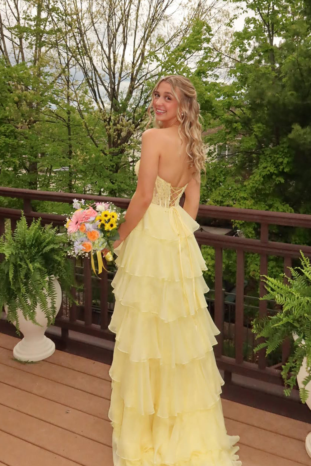 A Line Sweetheart Daffodil Chiffon Prom Dress with Lace JP070842