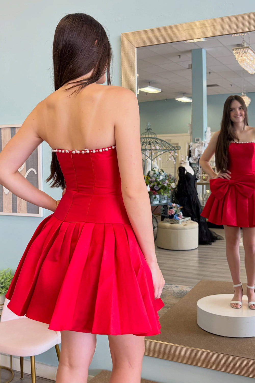 A Line Strapless Yellow Satin Homecoming Dress with Beading JP082501