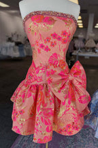 A Line Strapless Jacquard Satin Short Homecoming Dress with Beading JP070630