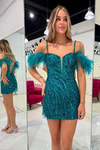 Bodycon Cold Shoulder Peacock Blue Sequins Homecoming Dresses JP24081104