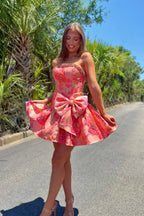 Coral A Line Jacquard Satin Strapless Homecoming Dress with Beading JP062206