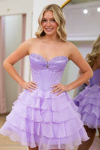 A Line Sweetheart Lavender Chiffon Tiered Short Homecoming Dresses JP072502