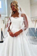 A Line Scoop Neck Satin Long Wedding Dresses with Lace JP072207