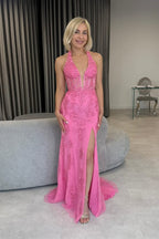 Charming Mermaid V Neck Hot Pink Lace Prom Dress with Appliques JP070813