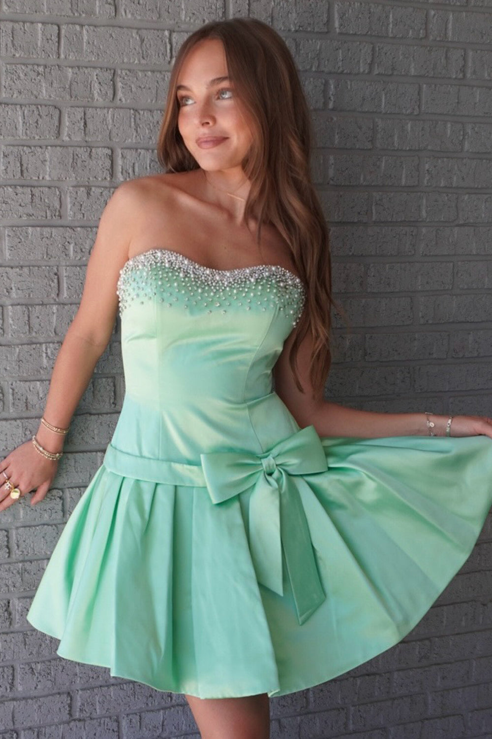 Sweet A Line Strapless Green Satin Homecoming Dresses with Beading JP070620