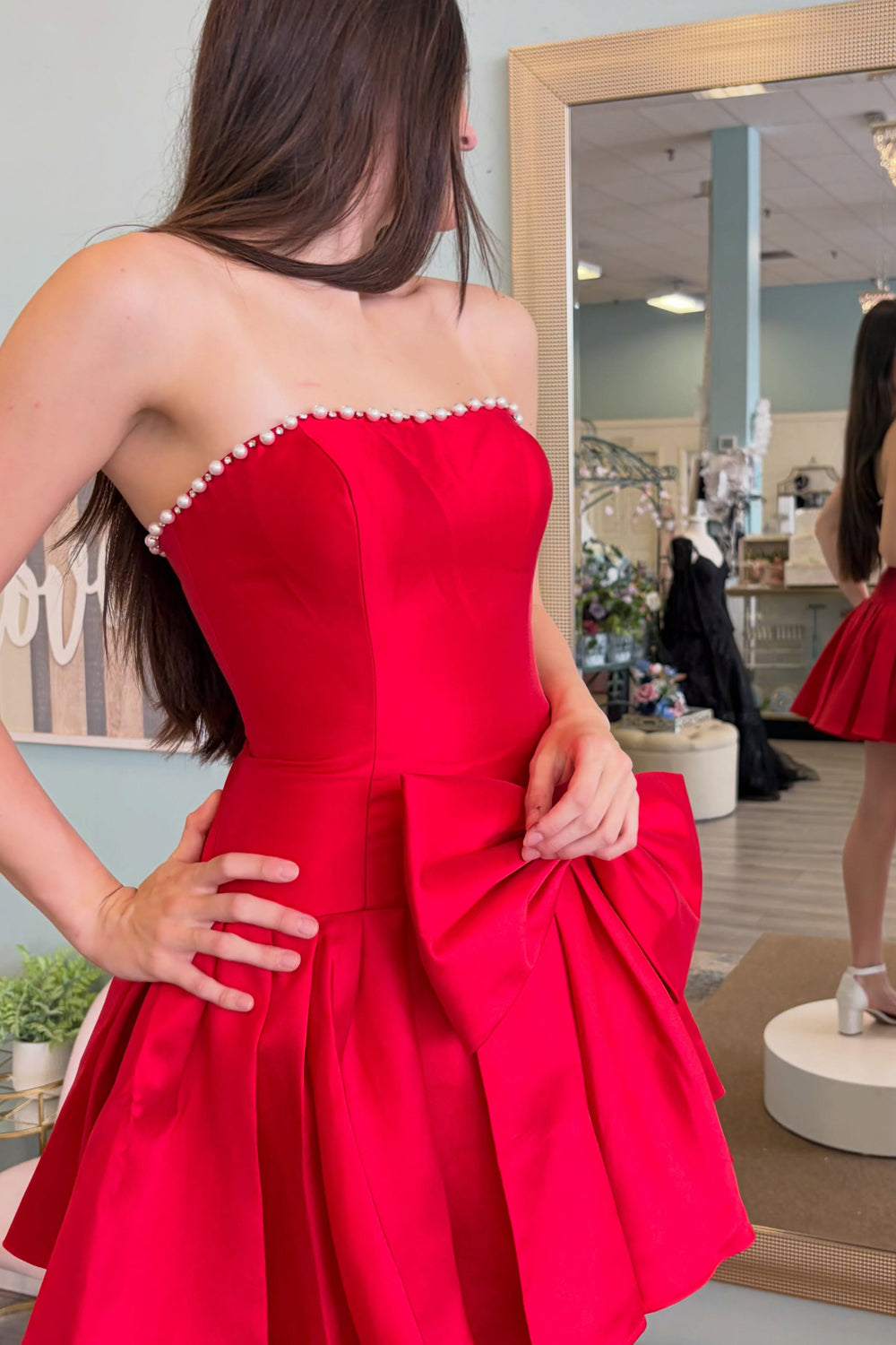 A Line Strapless Yellow Satin Homecoming Dress with Beading JP082501