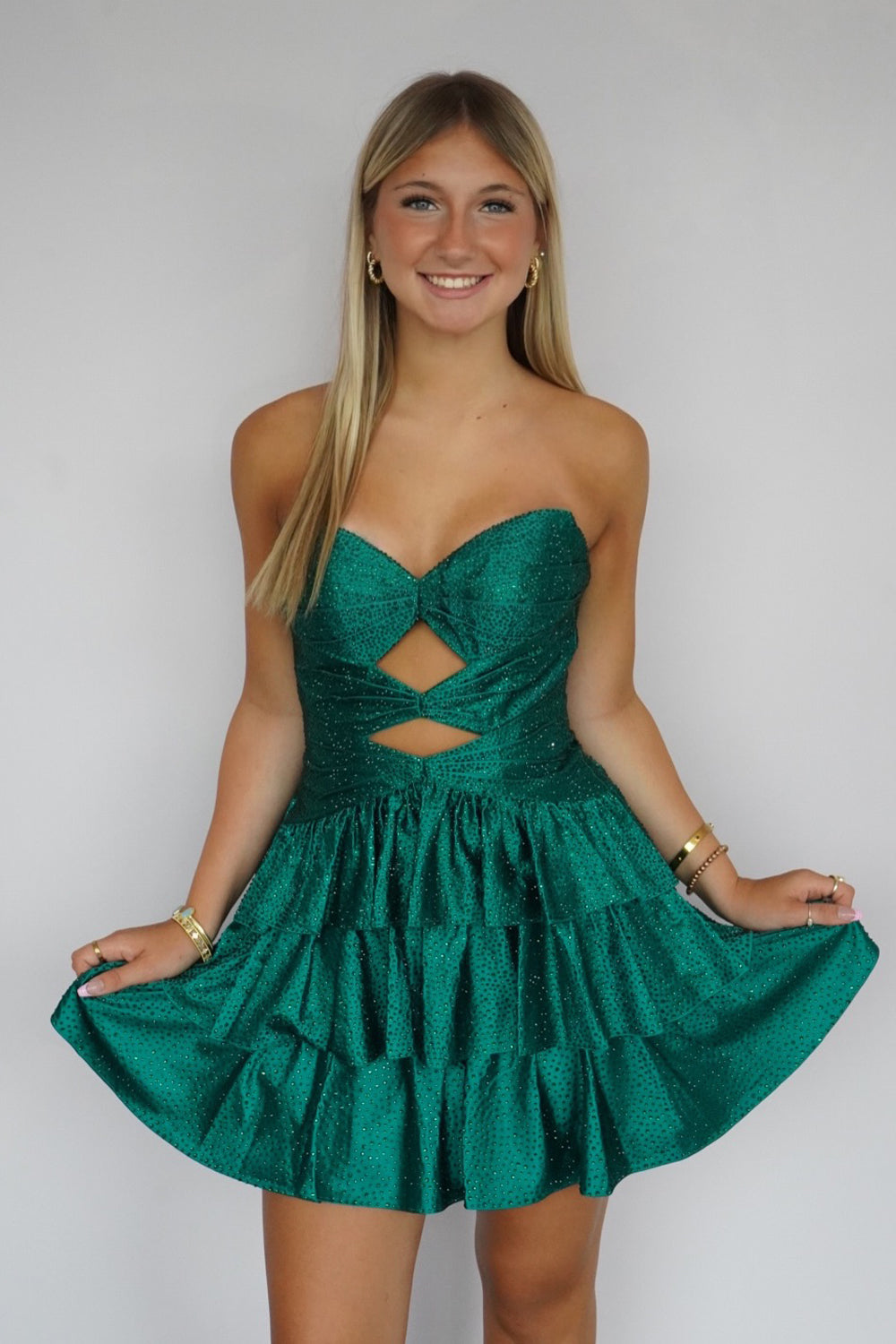 A Line Sweetheart Hot Fix Green Satin Tiered Homecoming Dresses JP072509