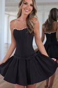 A Line Strapless Black Satin Short Homecoming Dresses with Beading JP072211