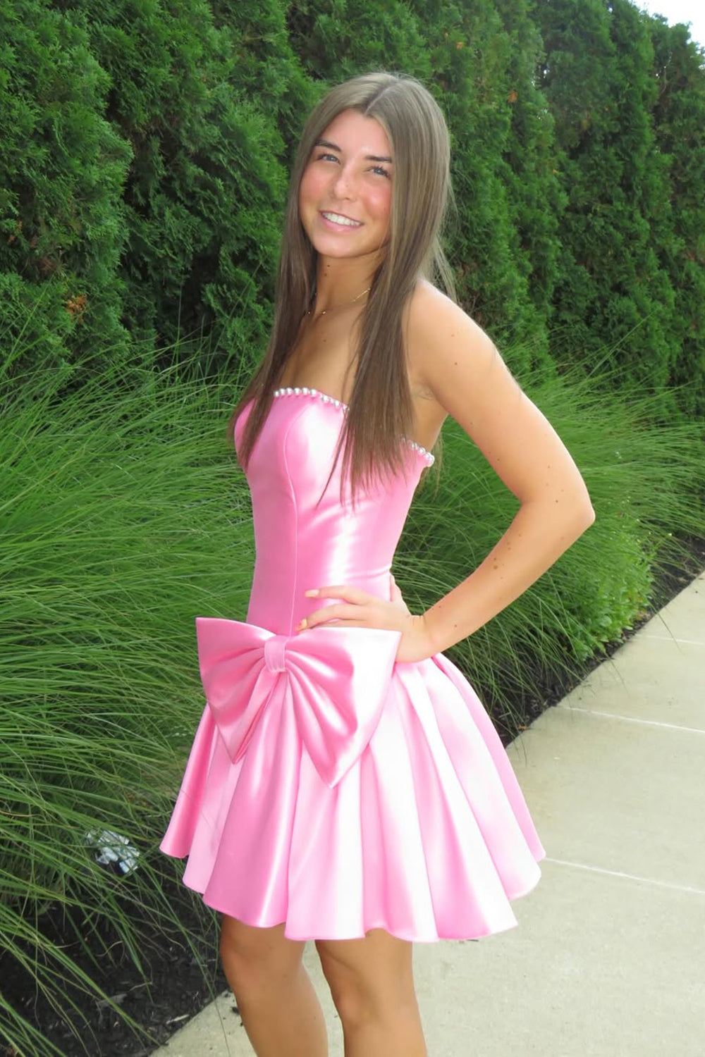 A Line Strapless Satin Short Homecoming Dresses with Beading JP070635