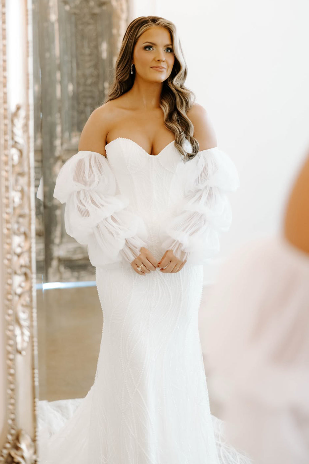 Boho Mermaid Sweetheart Sequins Lace Wedding Dresses with Sleeves JP070929