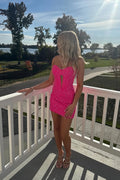 Cute Bodycon Sweetheart Keyhole Pink Satin Short Homecoming Dress with Rhinestones JP25102108