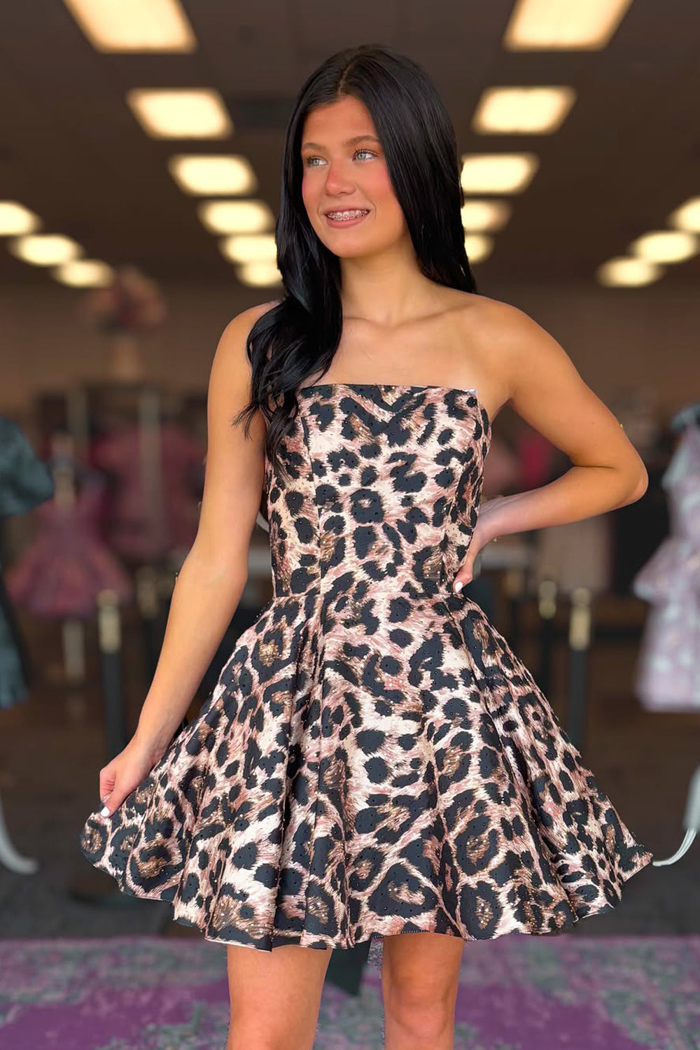 Leopard Floral Satin Strapless Short Homecoming Dresses with Bow JP062208