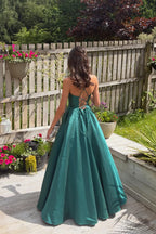 A Line V Neck Dark Green Hot Fix Satin Prom Dress JP070821