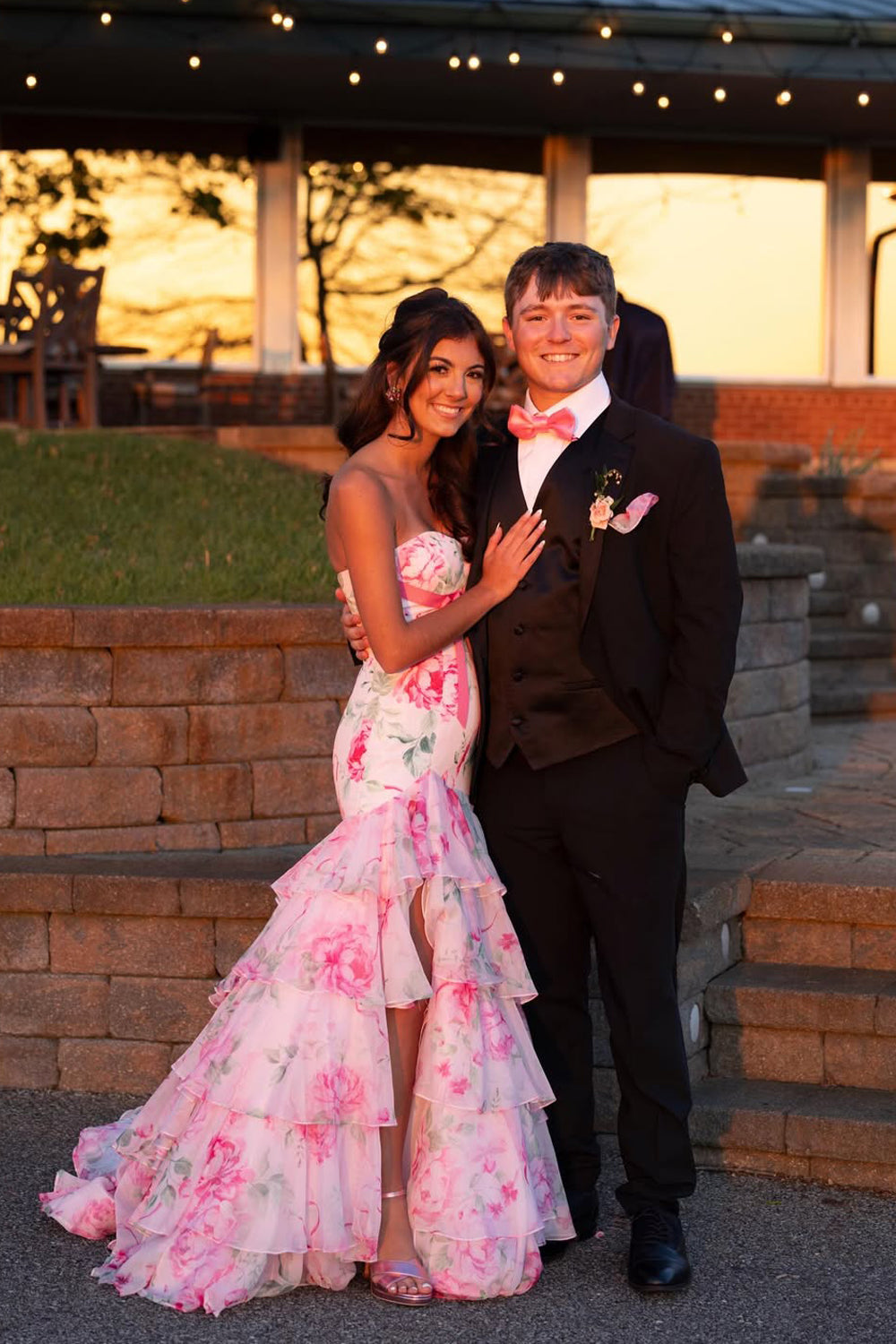 Sweet Mermaid Strapless Pink White Floral Long Prom Dress JP070858