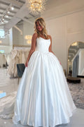 A Line Scoop Neck Pleat Satin Wedding Dresses JP26070880