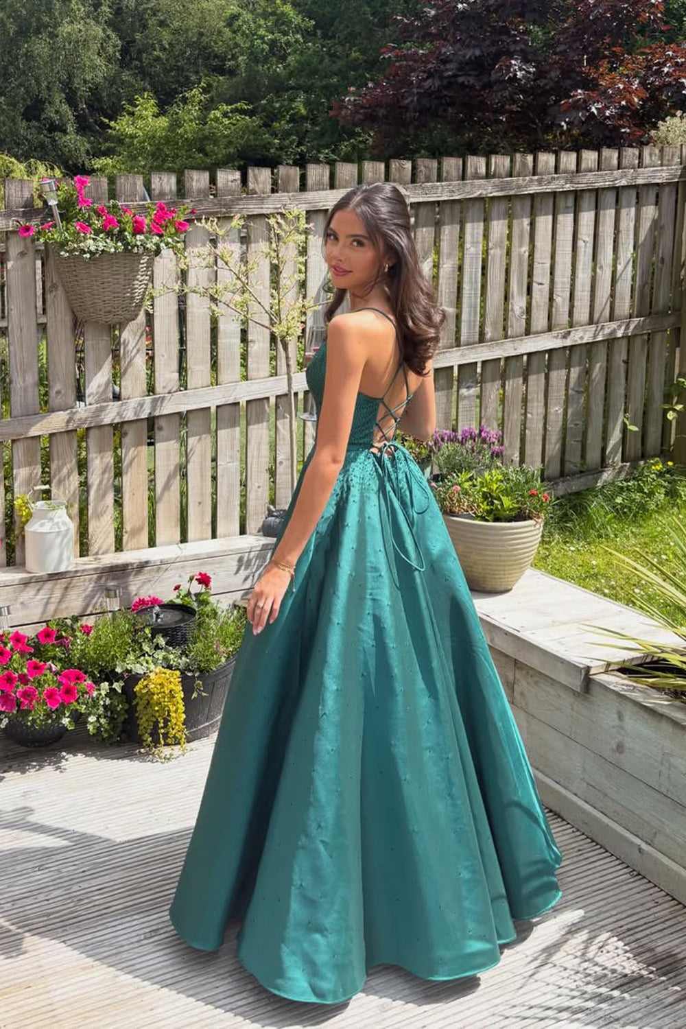 A Line V Neck Dark Green Hot Fix Satin Prom Dress JP070821