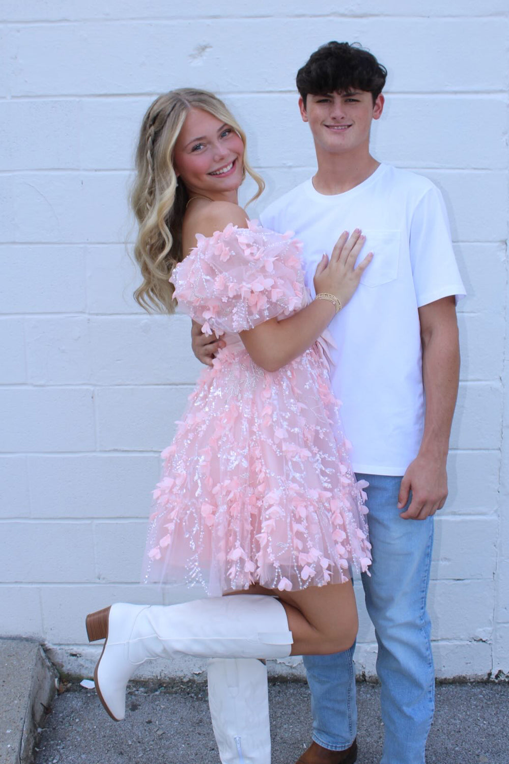 A Line Sweetheart Off the Shoulder Pink 3D Lace Homecoming Dress JP082503