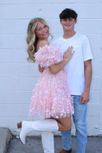 A Line Sweetheart Off the Shoulder Pink 3D Lace Homecoming Dress JP082503