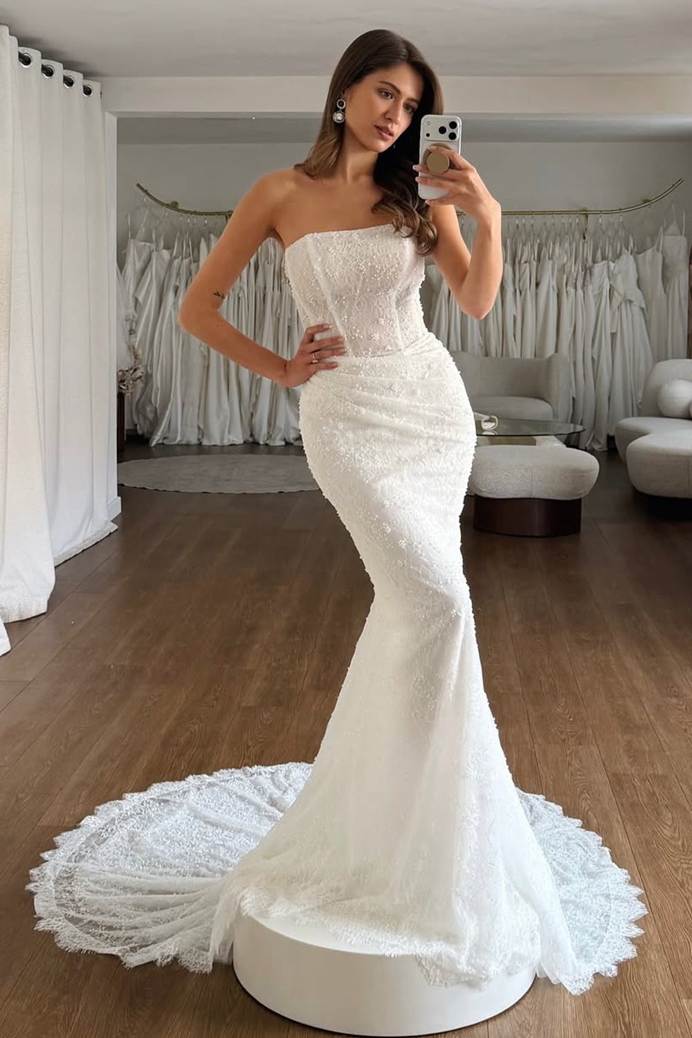 Mermaid Strapless Lace Long Wedding Dress with Beading JP070910