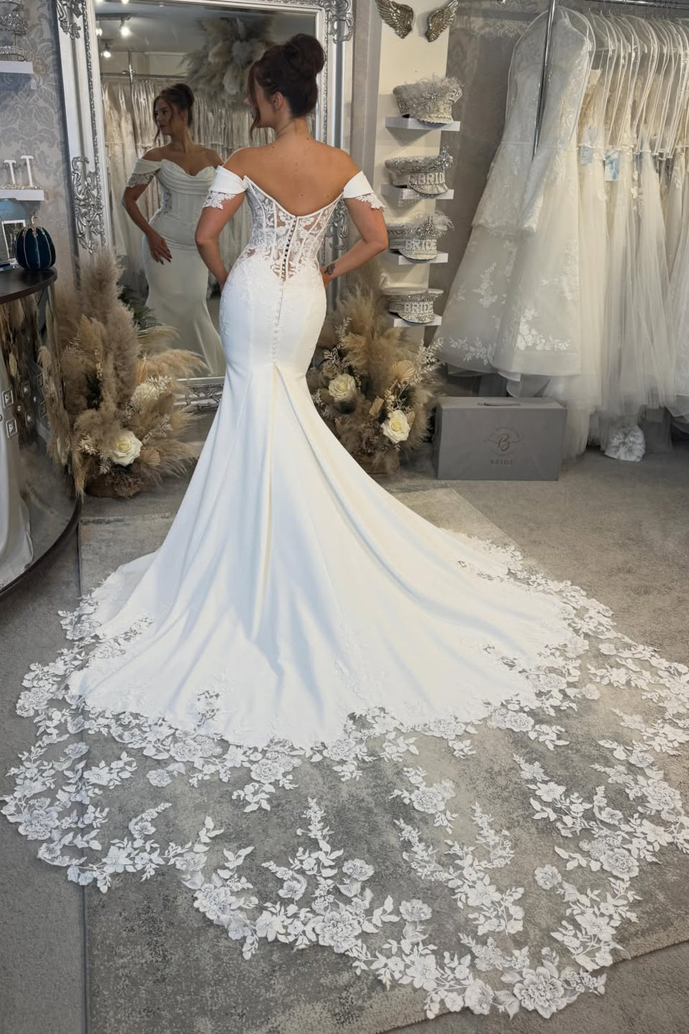 Off the Shoulder Elastic Satin Wedding Dresses with Appliques JP070912