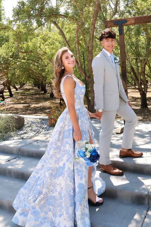 A Line Square Neck Light Blue Jacquard Satin Prom Dress with Beading JP070833