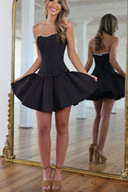 A Line Strapless Black Satin Short Homecoming Dresses with Beading JP072211