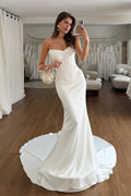 Elegant Mermaid Strapless Elastic Satin Long Wedding Dresses JP070916