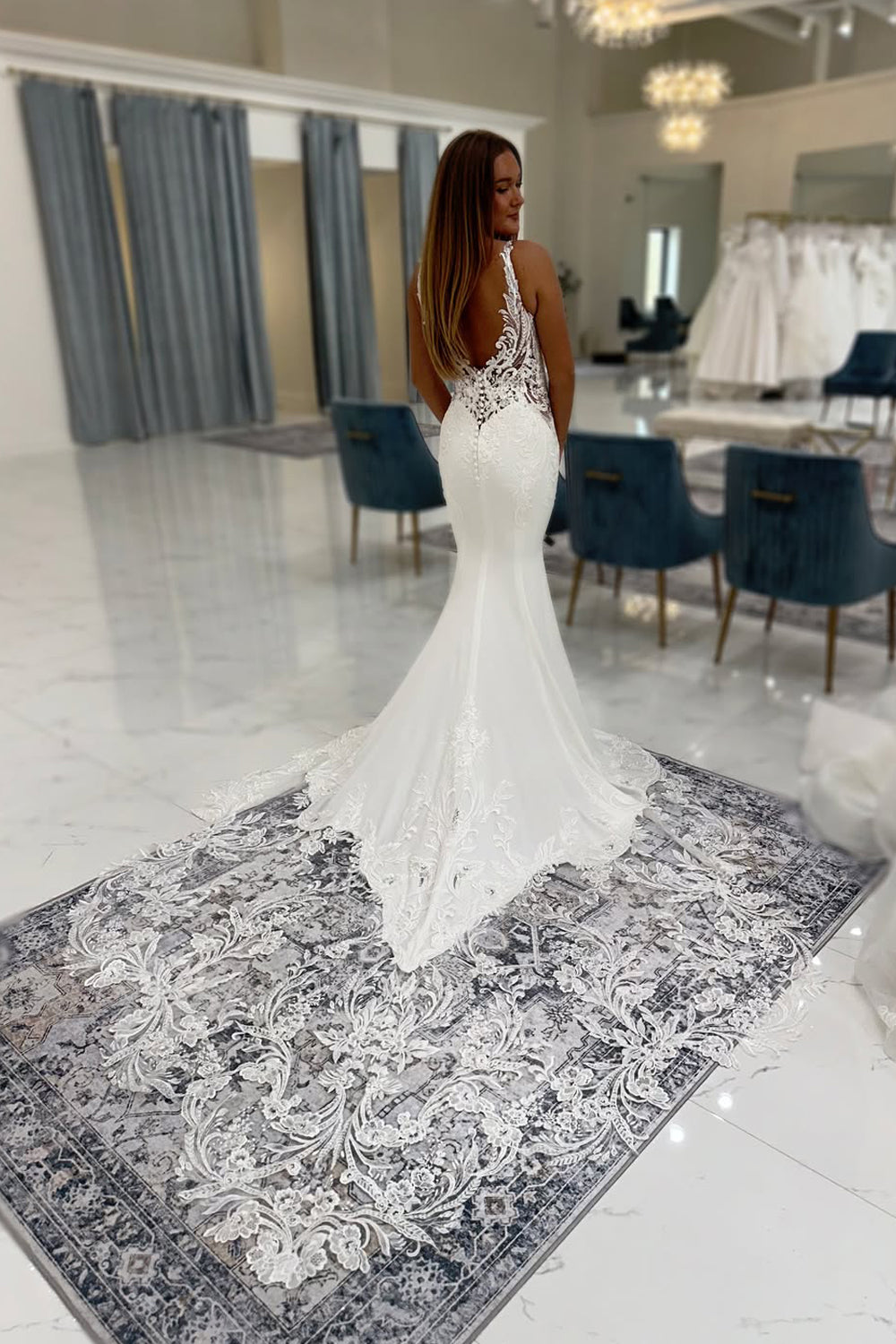Mermaid V Neck Stretch Satin Wedding Dresses with Appliques JP26070881