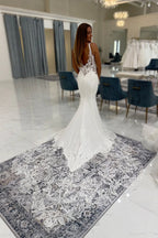 Mermaid V Neck Stretch Satin Wedding Dresses with Appliques JP26070881