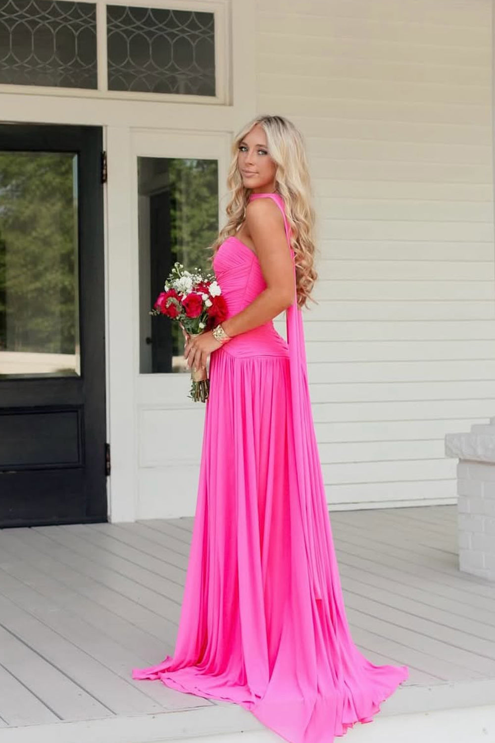A Line Sweetheart Keyhole Pink Chiffon Prom Dress JP070845