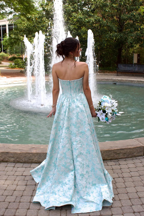 A Line Scoop Neck Jacquard Satin Prom Dress with Beading JP070872